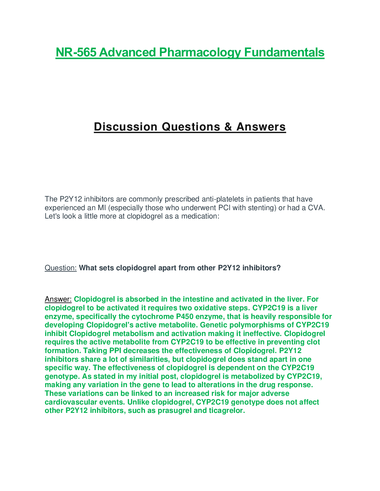 Preview image for NR565 / NR 565 Advanced Pharmacology Of Nursing Discussion. Q & A (Latest Update). NR 565 Chamberlain College